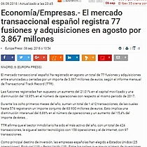 El mercado transaccional espaol registra 77 fusiones y adquisiciones en agosto por 3.867 millones